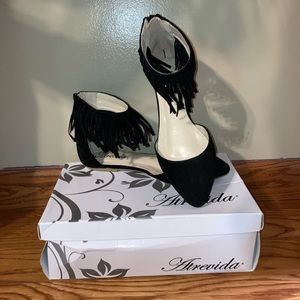 Black Suede Pointed-Toe Flats w/ Ankle Fringe